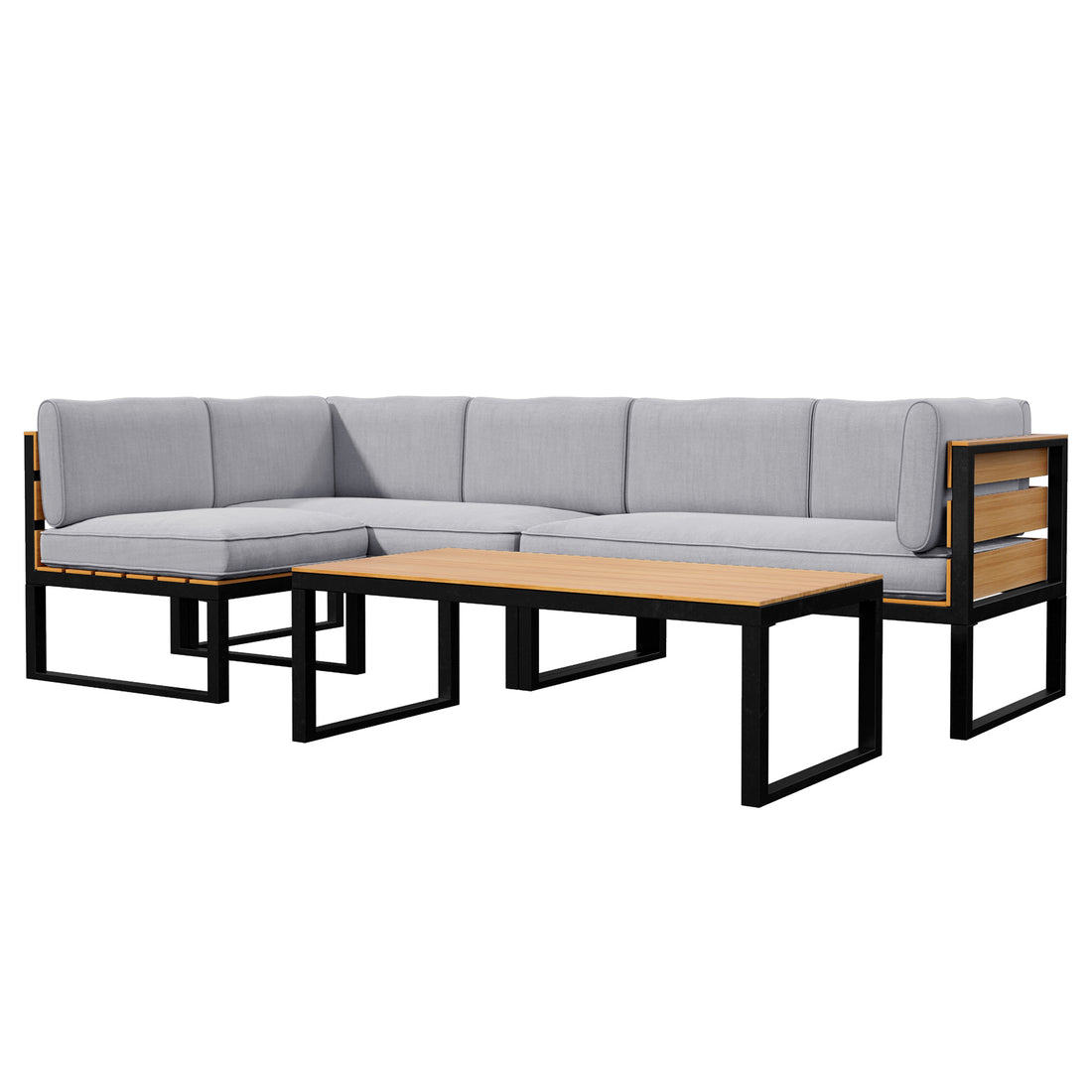 Panaluu 5-Seater Aluminium Corner Outdoor Lounge in Grey, featuring a black metal frame with natural wood slats, light-gray cushions, and a warm-toned rectangular coffee table for stylish outdoor relaxation.