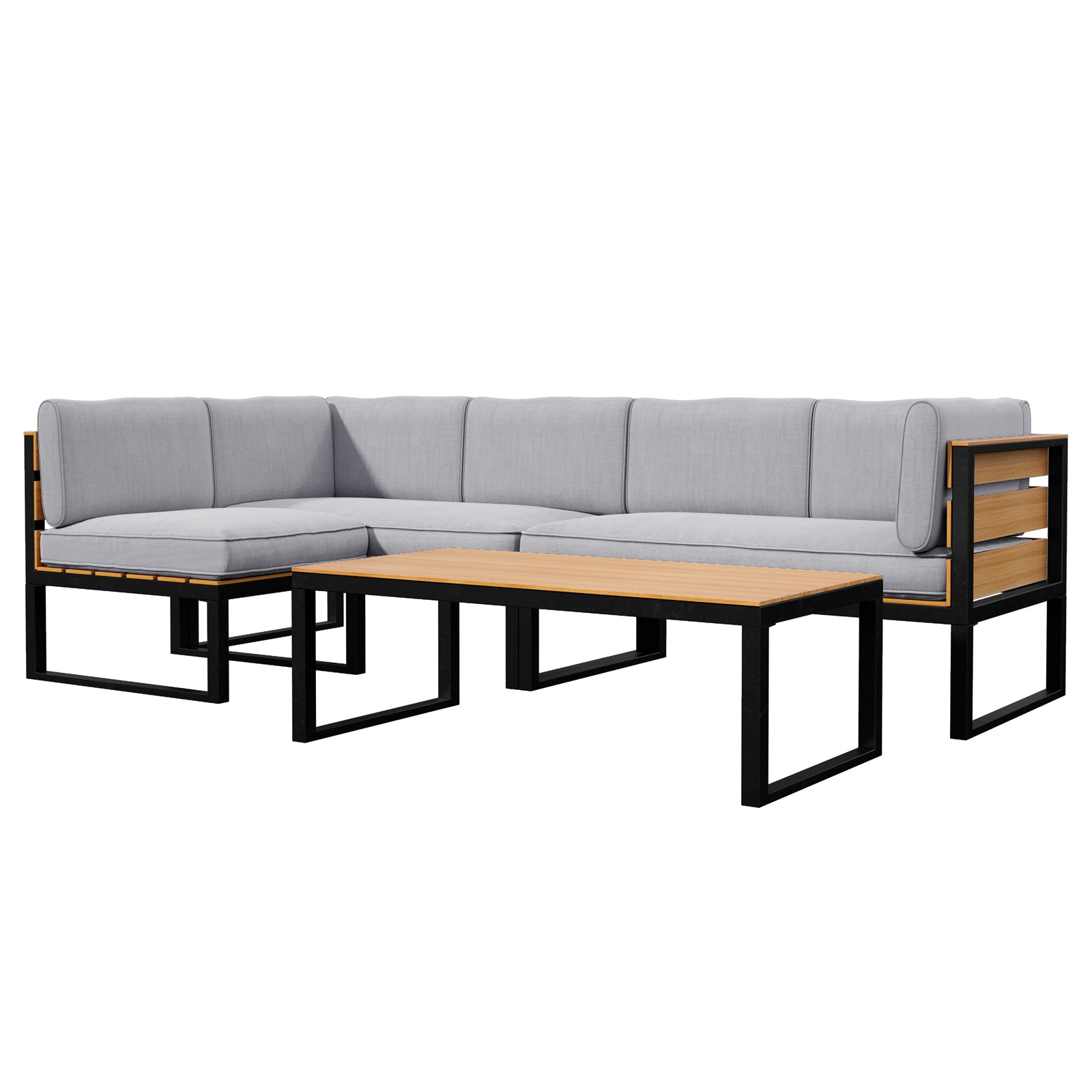 Panaluu 5-Seater Aluminium Corner Outdoor Lounge in Grey, featuring a black metal frame with natural wood slats, light-gray cushions, and a warm-toned rectangular coffee table for stylish outdoor relaxation.