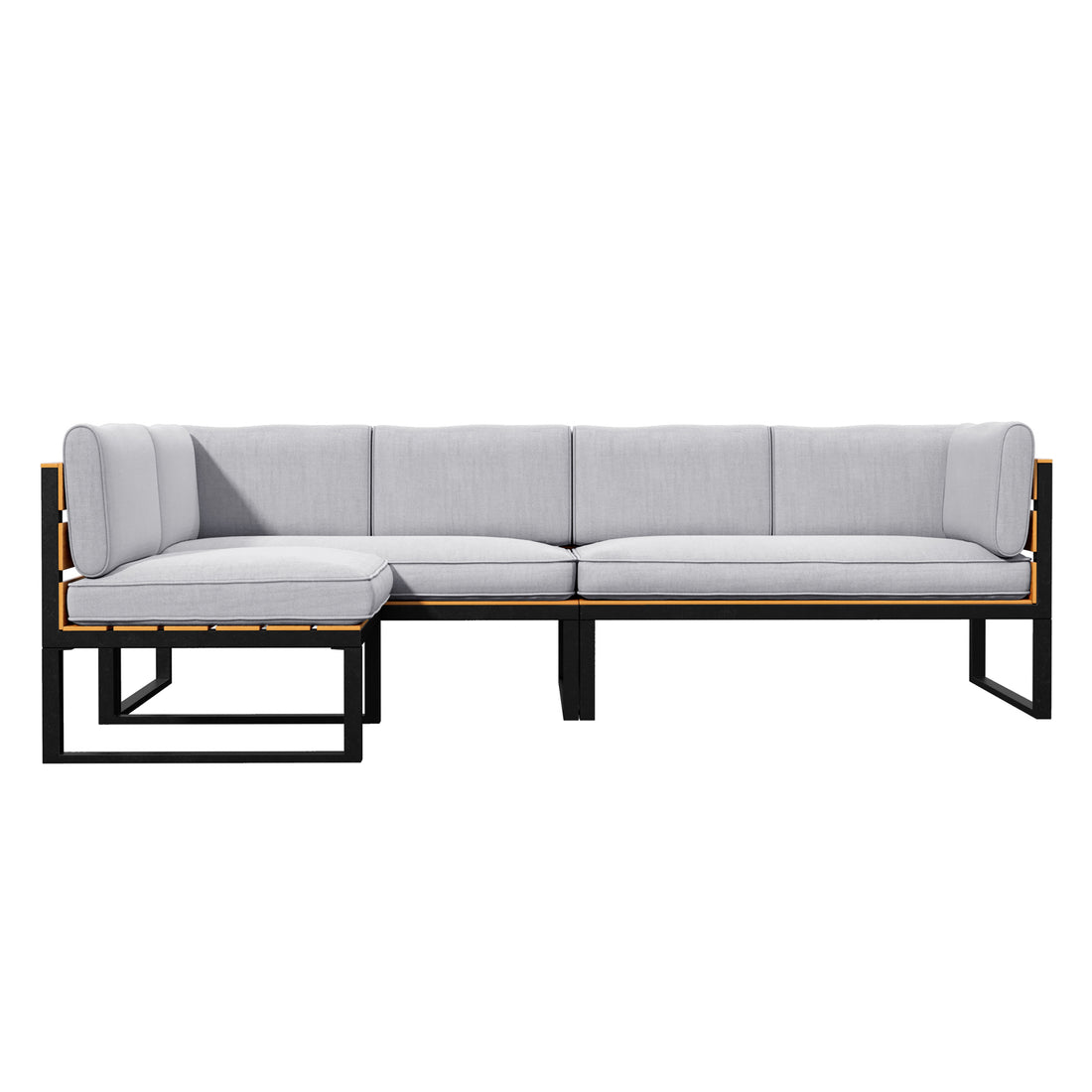 Panaluu 5 Seater Aluminium Corner Outdoor Lounge in Grey features a modern L-shaped sectional with light gray cushions on a sleek black metal frame, accented by wood-tone details for stylish outdoor comfort.