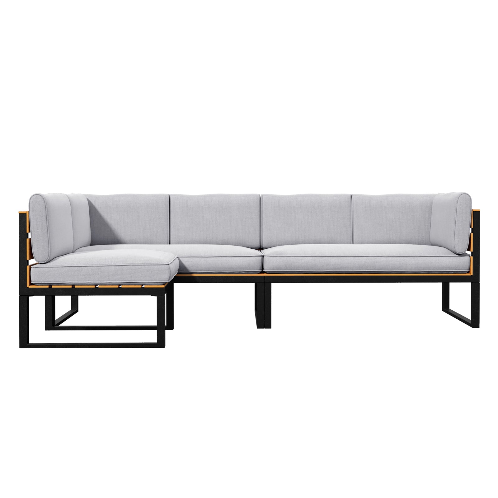 Panaluu 5 Seater Aluminium Corner Outdoor Lounge in Grey features a modern L-shaped sectional with light gray cushions on a sleek black metal frame, accented by wood-tone details for stylish outdoor comfort.