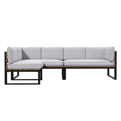Panaluu 5 Seater Aluminium Corner Outdoor Lounge in Grey features a modern L-shaped sectional with light gray cushions on a sleek black metal frame, accented by wood-tone details for stylish outdoor comfort.