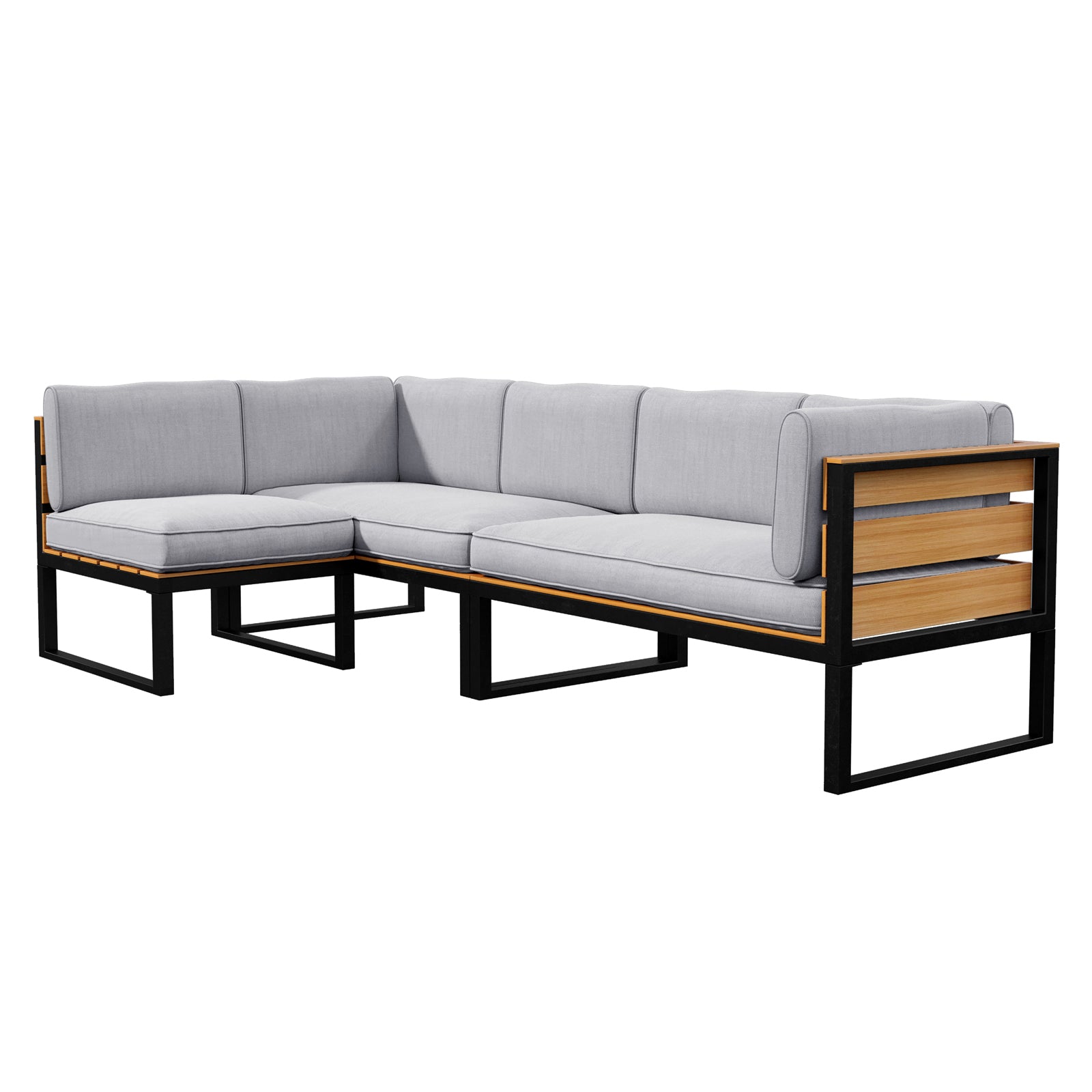 Panaluu 5-Seater Aluminium Corner Outdoor Lounge in Grey, featuring an L-shaped design with light gray cushions on a black metal frame, showcasing horizontal wooden slats on the sides.