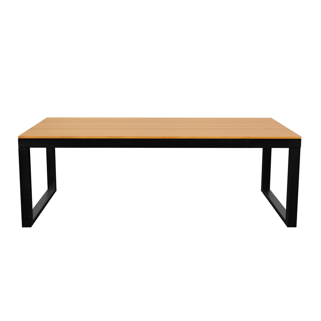 Panaluu 5-Seater Aluminium Corner Outdoor Lounge in Grey features a modern rectangular table with a light wood-tone top and black metal frame, perfect for stylish outdoor gatherings.