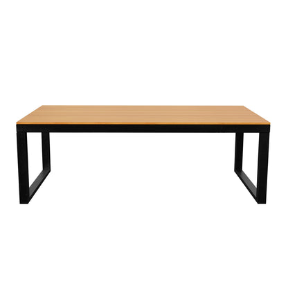 Panaluu 5-Seater Aluminium Corner Outdoor Lounge in Grey features a modern rectangular table with a light wood-tone top and black metal frame, perfect for stylish outdoor gatherings.