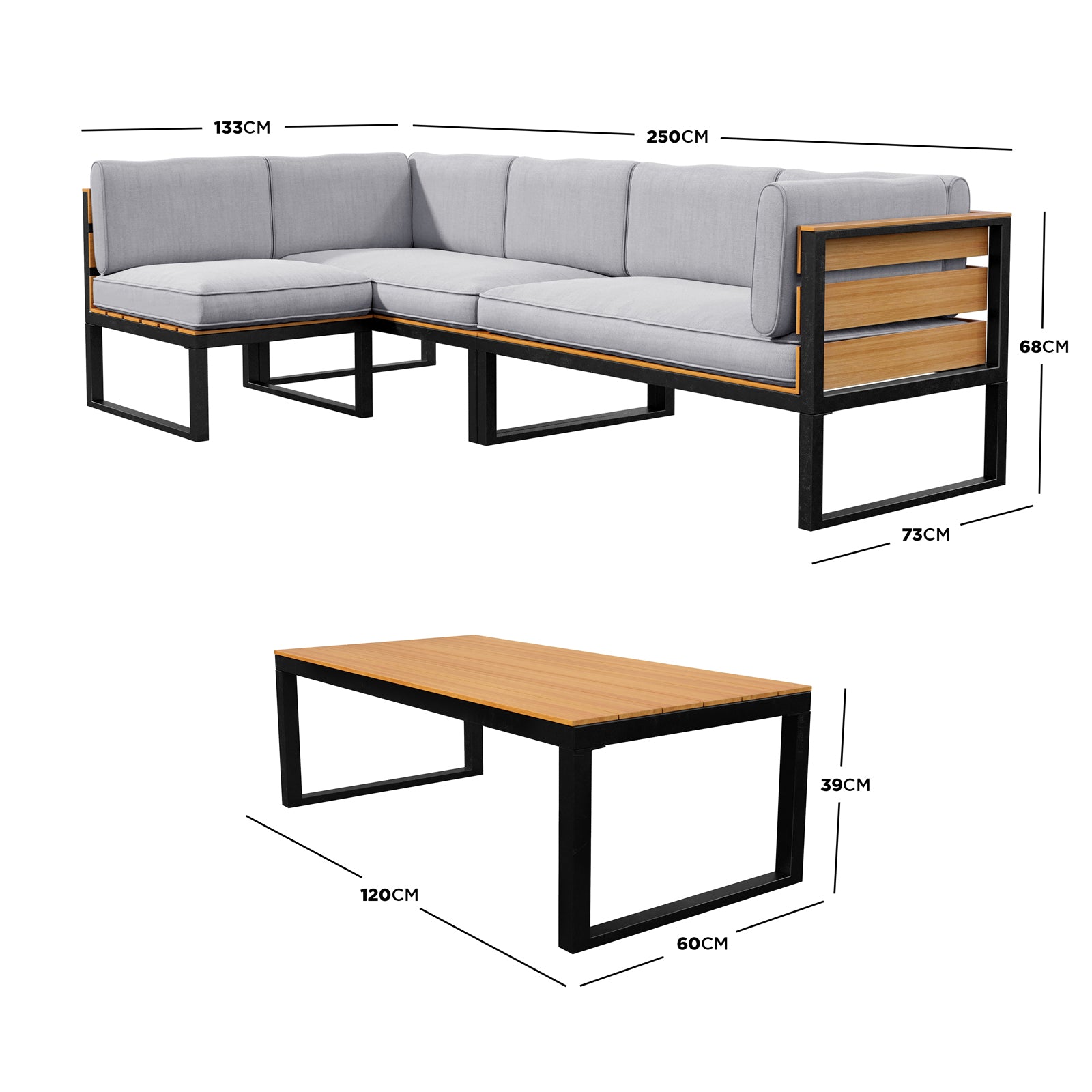 Panaluu 5-Seater Aluminium Corner Outdoor Lounge in Grey, featuring an L-shaped sofa with black metal and wood slats, light grey cushions, and a matching low coffee table.