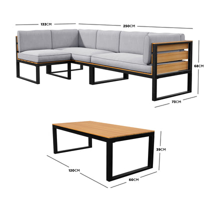 Panaluu 5-Seater Aluminium Corner Outdoor Lounge in Grey, featuring an L-shaped sofa with black metal and wood slats, light grey cushions, and a matching low coffee table.