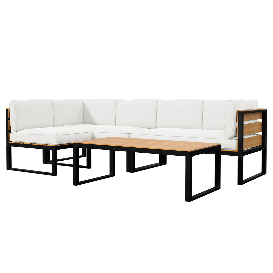 Panaluu 5 Seater Aluminium Corner Outdoor Lounge in White featuring an L-shaped sectional sofa with off-white cushions, black metal frame, and matching low coffee table with slatted wood accents.