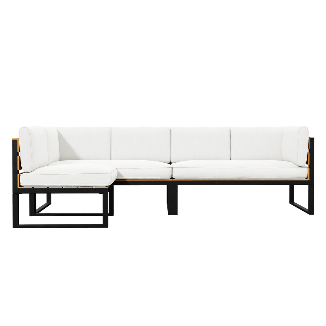 Panaluu 5-Seater Aluminium Corner Outdoor Lounge in White, featuring a minimalist L-shaped design with white cushions, black metal frame, and light wood slats, perfect for modern outdoor settings.