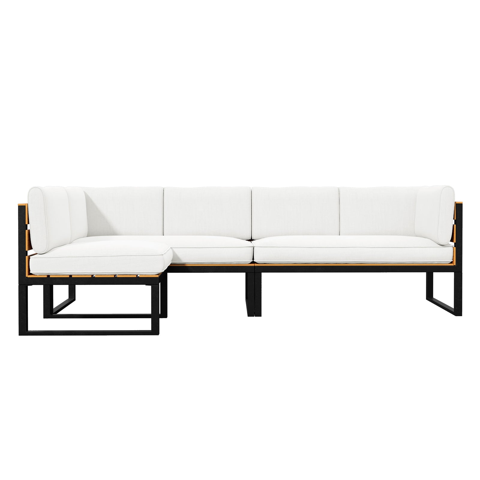 Panaluu 5-Seater Aluminium Corner Outdoor Lounge in White, featuring a minimalist L-shaped design with white cushions, black metal frame, and light wood slats, perfect for modern outdoor settings.