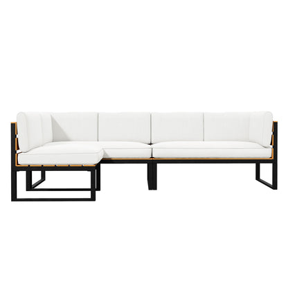 Panaluu 5-Seater Aluminium Corner Outdoor Lounge in White, featuring a minimalist L-shaped design with white cushions, black metal frame, and light wood slats, perfect for modern outdoor settings.