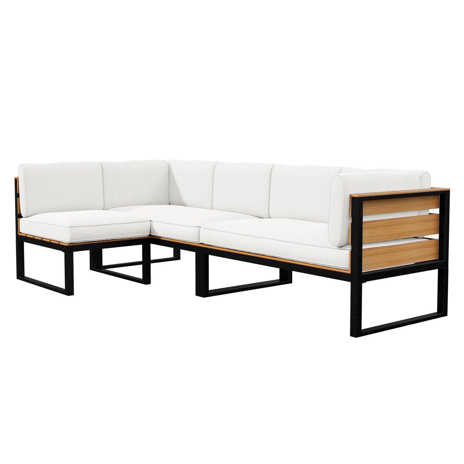 Panaluu 5-Seater Aluminium Corner Outdoor Lounge in White, featuring a sleek black metal frame with horizontal wooden slat accents, upholstered seat and back cushions for elegant outdoor relaxation.