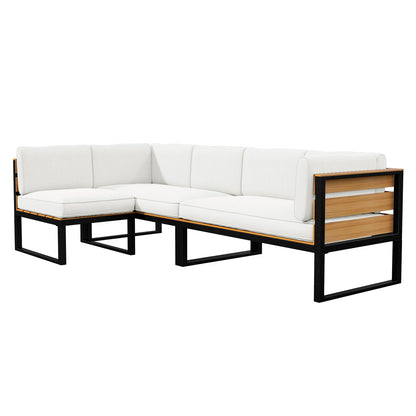 Panaluu 5-Seater Aluminium Corner Outdoor Lounge in White, featuring a sleek black metal frame with horizontal wooden slat accents, upholstered seat and back cushions for elegant outdoor relaxation.