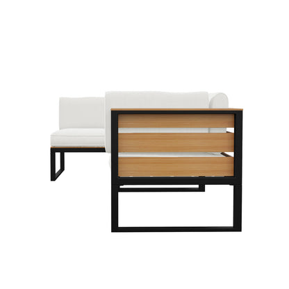 Panaluu 5-Seater Aluminium Corner Outdoor Lounge in White, featuring crisp white cushions on a sleek black metal frame with light-wood slats, ideal for stylish outdoor relaxation.