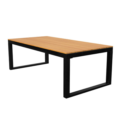 Panaluu 5-Seater Aluminium Corner Outdoor Lounge features a minimalist rectangular wooden table with a light hardwood top and black metal U shaped legs, complementing its elegant outdoor design.