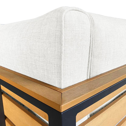 Close-up of the Panaluu 5 Seater Aluminium Corner Outdoor Lounge in White, featuring a thick upholstered cushion with seam piping on a light wood slat and black metal frame.