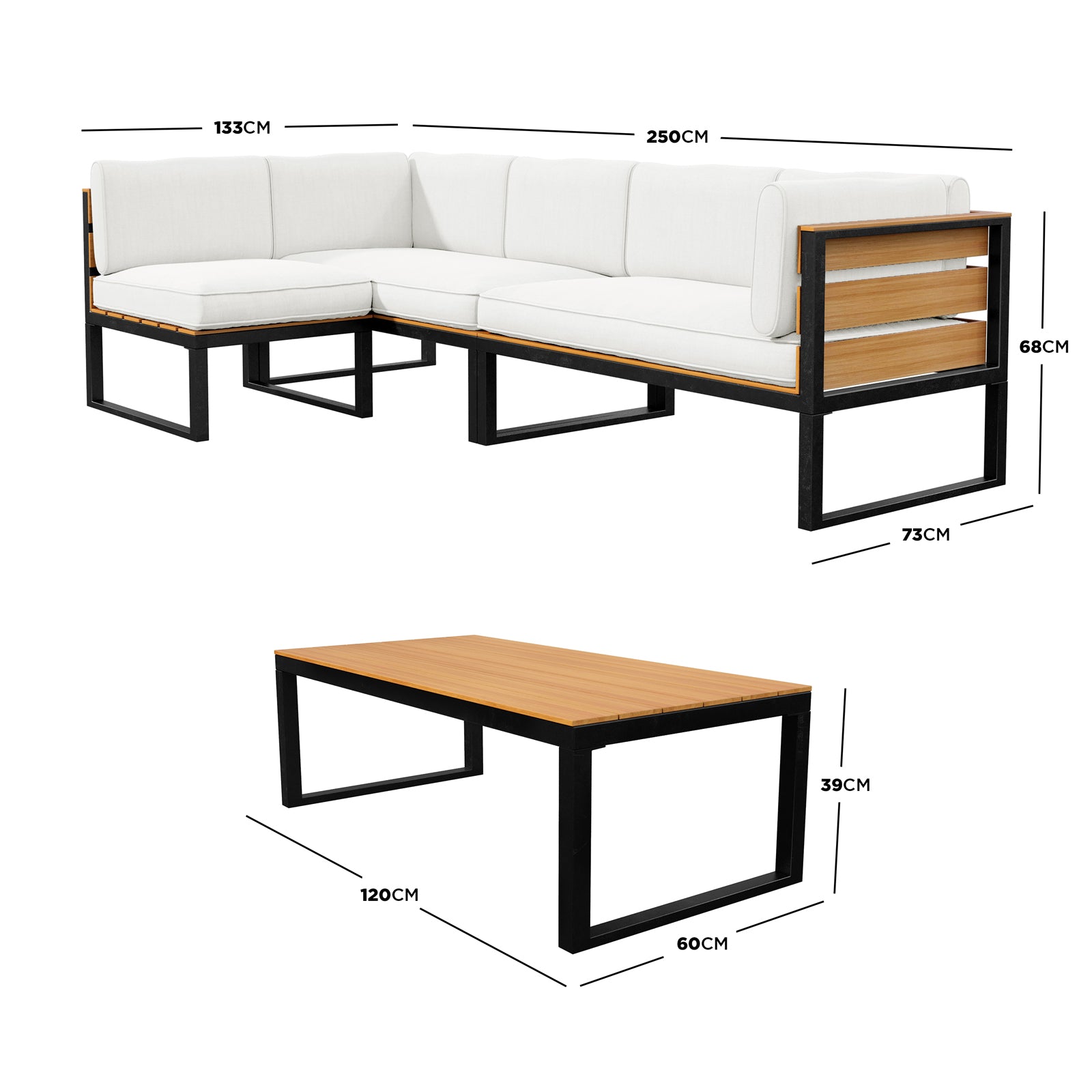 Panaluu 5-Seater Aluminium Corner Outdoor Lounge in White, featuring an L-shaped sectional with black metal frames, teak accents, and white cushions, paired with a matching rectangular coffee table.