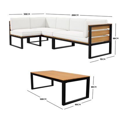 Panaluu 5-Seater Aluminium Corner Outdoor Lounge in White, featuring an L-shaped sectional with black metal frames, teak accents, and white cushions, paired with a matching rectangular coffee table.