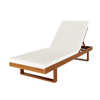 Panay Solid Timber Outdoor Sun Lounger with Cushion features a wooden frame and adjustable backrest, showcasing a white cushion for comfort. Ideal for outdoor relaxation and stylishly enhancing any patio setting.