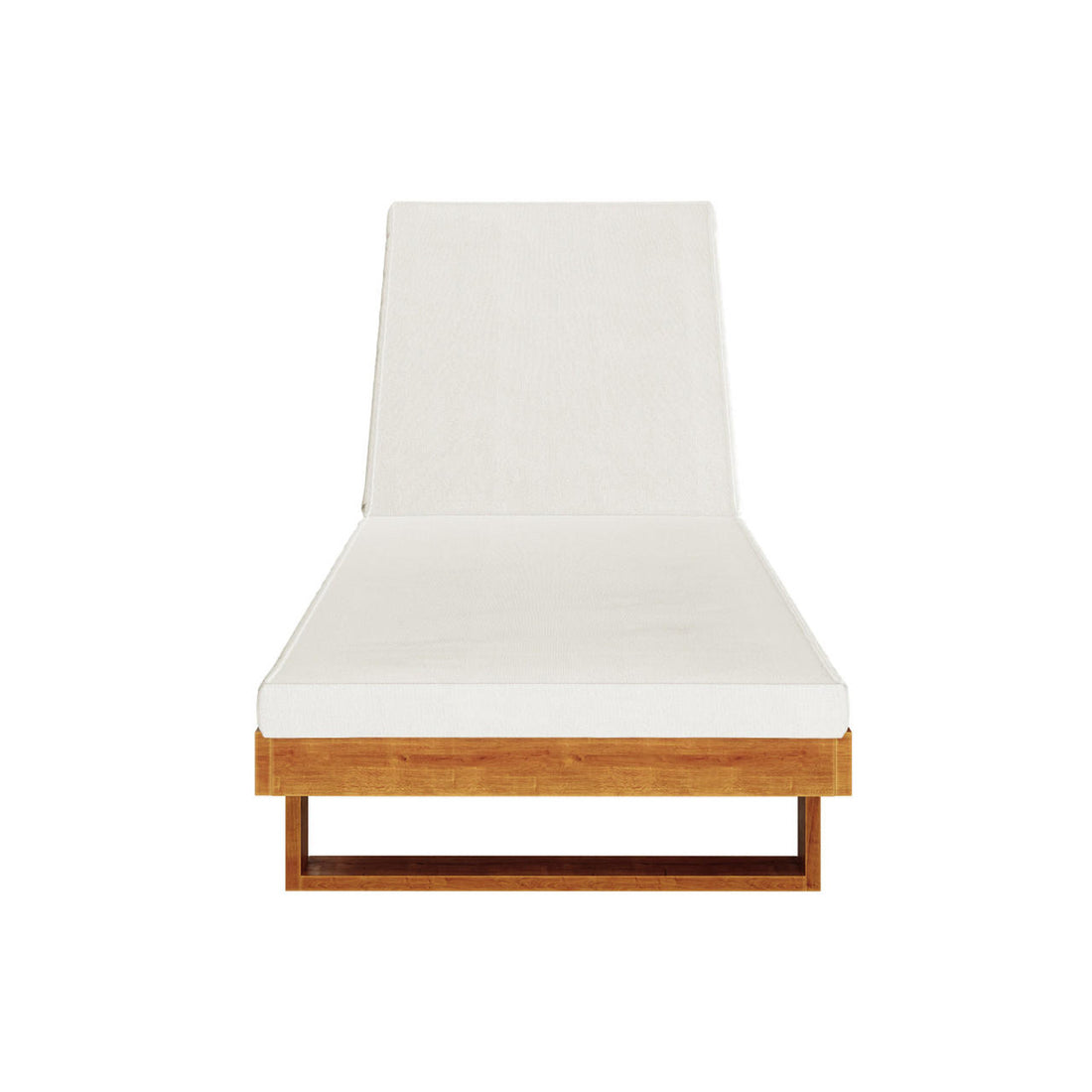 Panay Solid Timber Outdoor Sun Lounger with Cushion in Cream Timber, featuring a minimalist design with a warm wood base, white mattress, and headrest, set against a plain background.