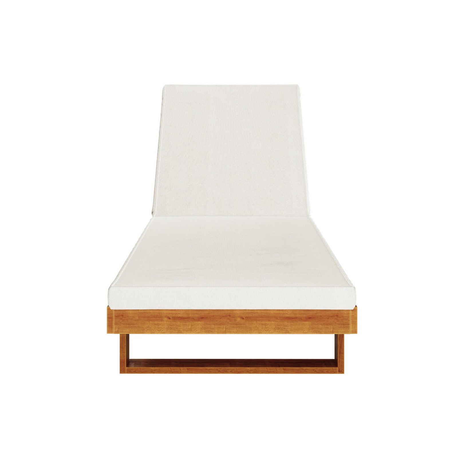 Panay Solid Timber Outdoor Sun Lounger with Cushion in Cream Timber, featuring a minimalist design with a warm wood base, white mattress, and headrest, set against a plain background.