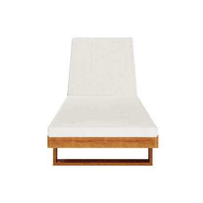Panay Solid Timber Outdoor Sun Lounger with Cushion in Cream Timber, featuring a minimalist design with a warm wood base, white mattress, and headrest, set against a plain background.