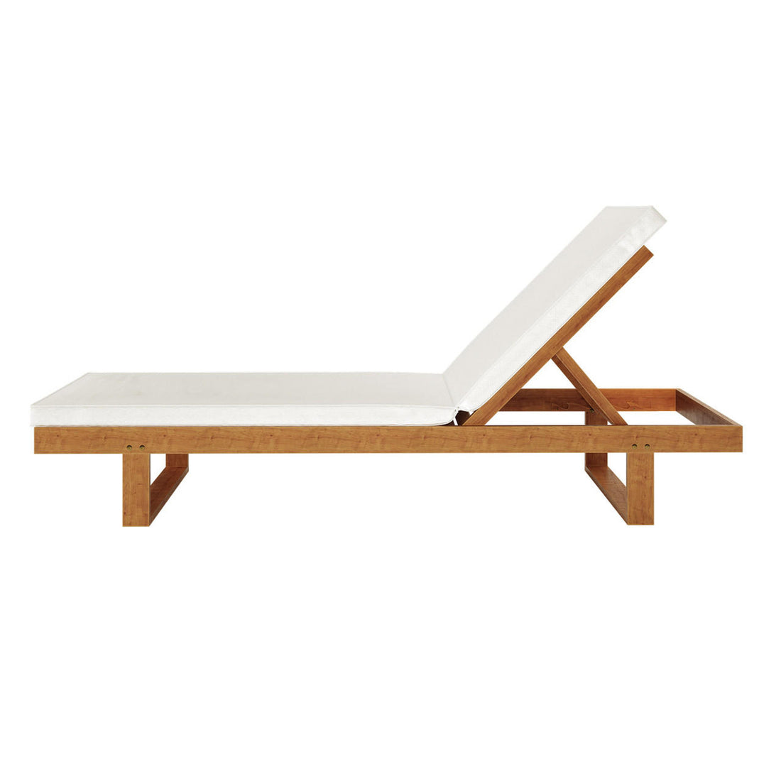 Panay Solid Timber Outdoor Sun Lounger with Cushion features a wooden frame, white padded cushion, and adjustable backrest, ideal for outdoor relaxation and enhancing garden or poolside aesthetics.