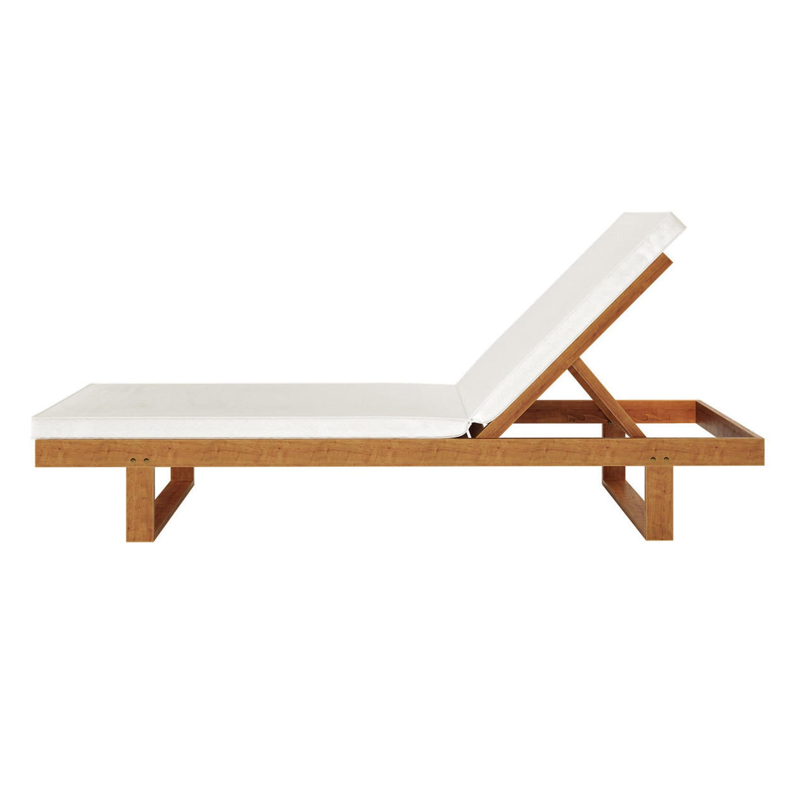 Panay Solid Timber Outdoor Sun Lounger with Cushion features a wooden frame, white padded cushion, and adjustable backrest, ideal for outdoor relaxation and enhancing garden or poolside aesthetics.