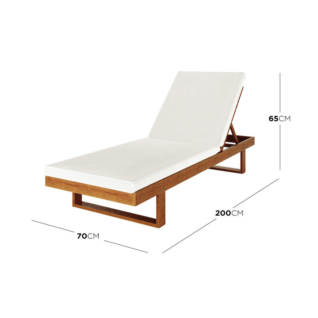 Panay Solid Timber Outdoor Sun Lounger with Cushion features a low-profile wooden frame, detachable cushion, and adjustable backrest, measuring 200 cm by 70 cm with a maximum backrest height of 65 cm.