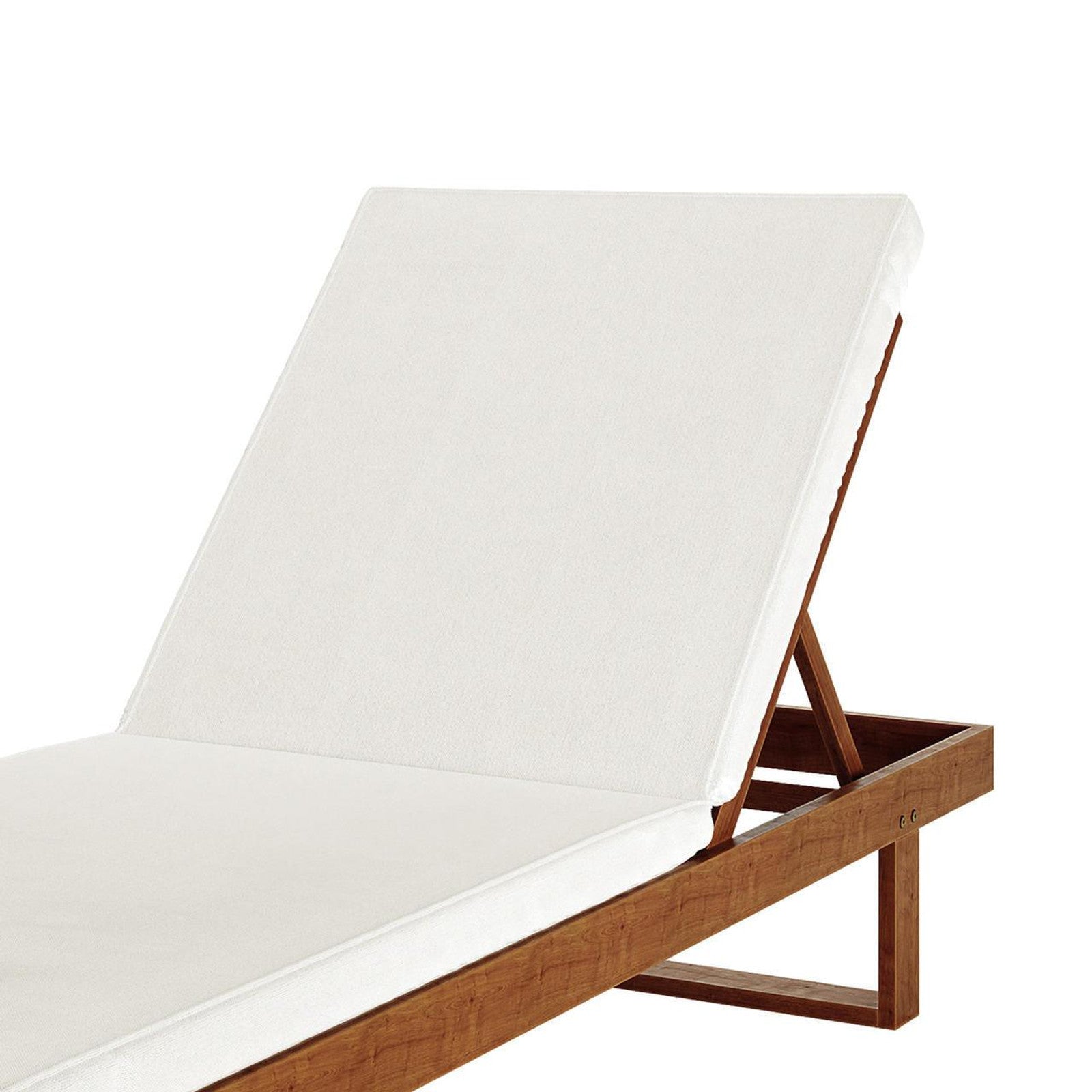 Panay Solid Timber Outdoor Sun Lounger with Cushion in Cream Timber, showcasing a wooden frame with a white cushion, and an adjustable backrest reclined elegantly for outdoor relaxation.