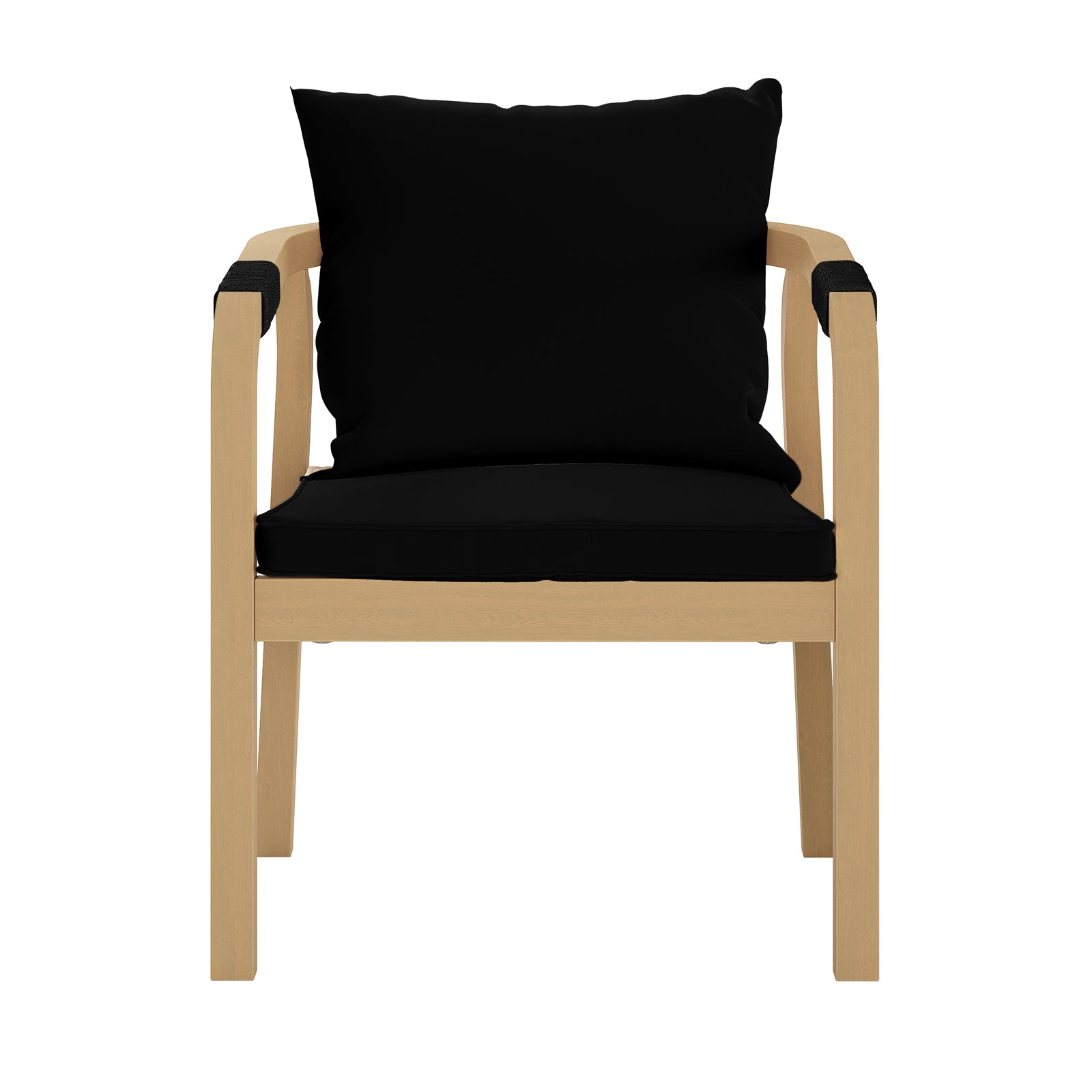 Pangee 6-Seater Timber Outdoor Dining Set Black shown with a black pillow on a chair, highlighting the modern Mediterranean design and soft webbed seating for comfort.