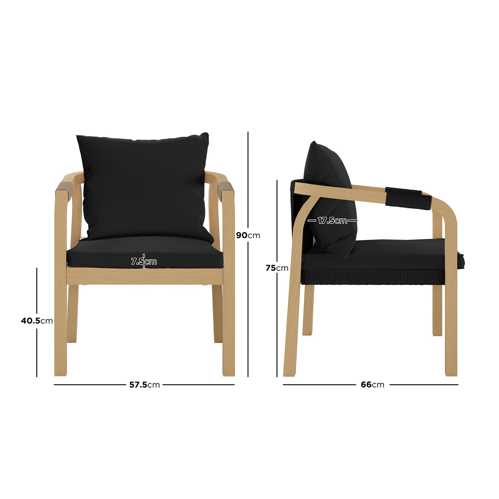 Pangee 6-Seater Timber Outdoor Dining Set Black features a sleek chair with a soft black pillow, showcasing modern Mediterranean style with elegant curves and durable acacia wood construction.