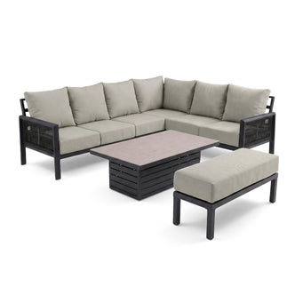 Outdoor sectional sofa set with coffee table and bench on white background