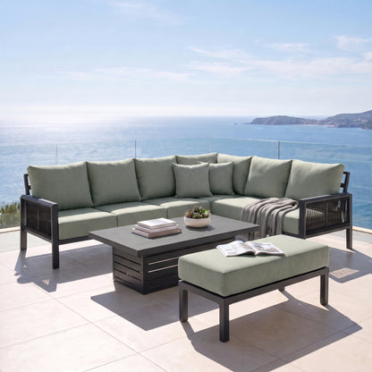 Outdoor sectional sofa set on a patio with ocean view