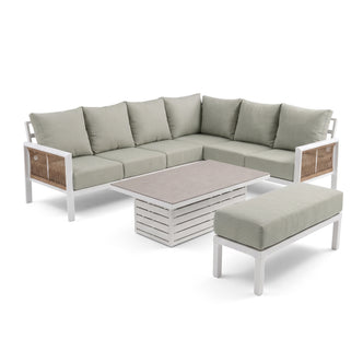 Outdoor sectional sofa set with coffee table and ottoman on a white background