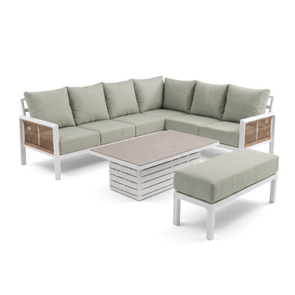 Outdoor sectional sofa set with coffee table and ottoman on a white background