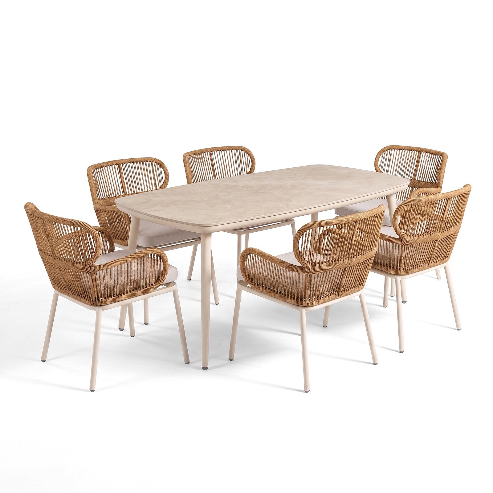 Dining table set with six chairs on a white background