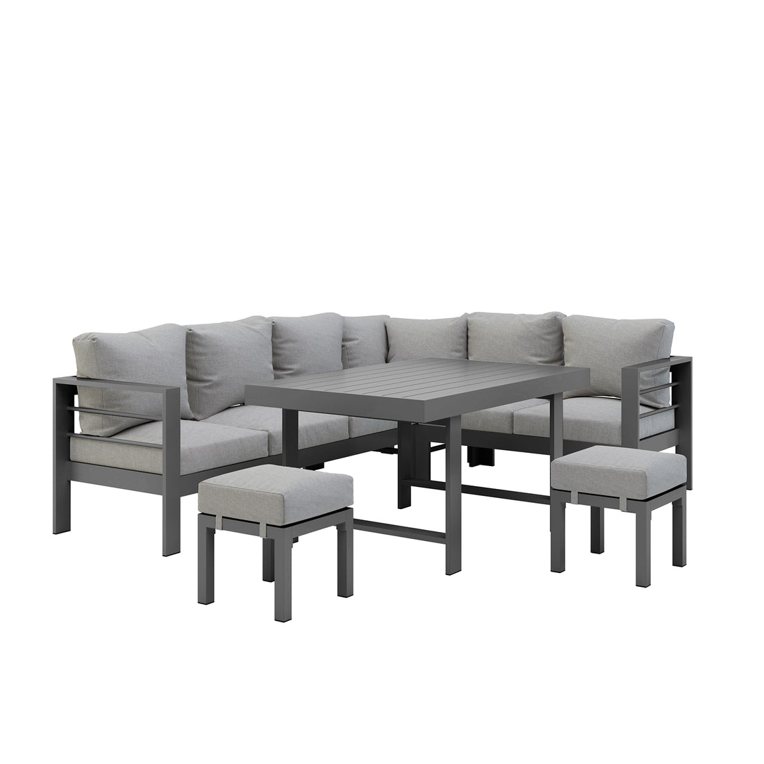  Portland Outdoor Corner Sofa Lounge with Footstools Grey, highlighting the plush grey cushions on the sturdy aluminium frame, set against a backdrop of a couch and table.