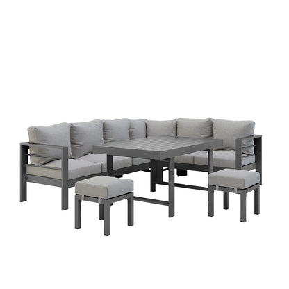  Portland Outdoor Corner Sofa Lounge with Footstools Grey, highlighting the plush grey cushions on the sturdy aluminium frame, set against a backdrop of a couch and table.