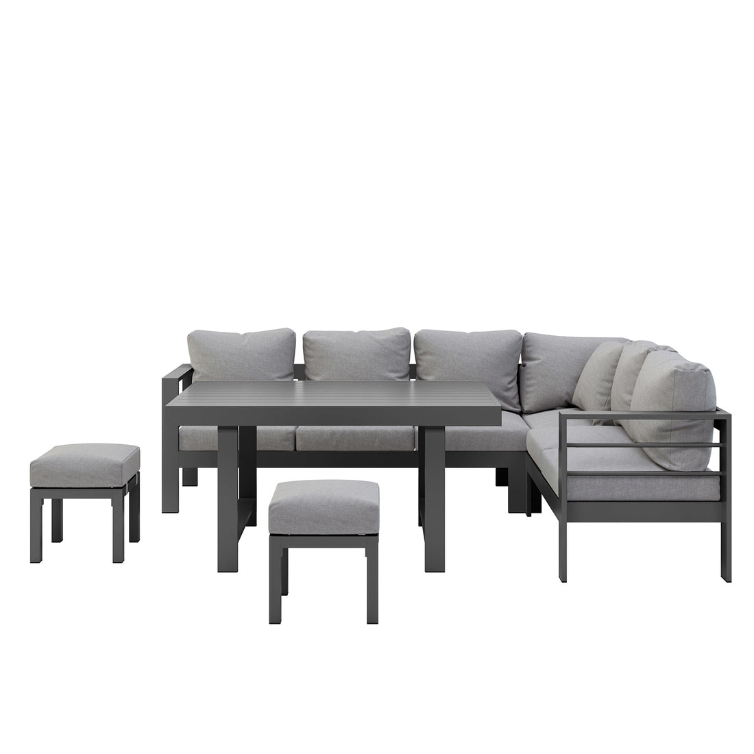 Portland Outdoor Corner Sofa Lounge with Footstools Grey, featuring a close-up of the plush, thickly cushioned seat and armrest set on a sleek grey frame, emphasizing its comfort and modern design.