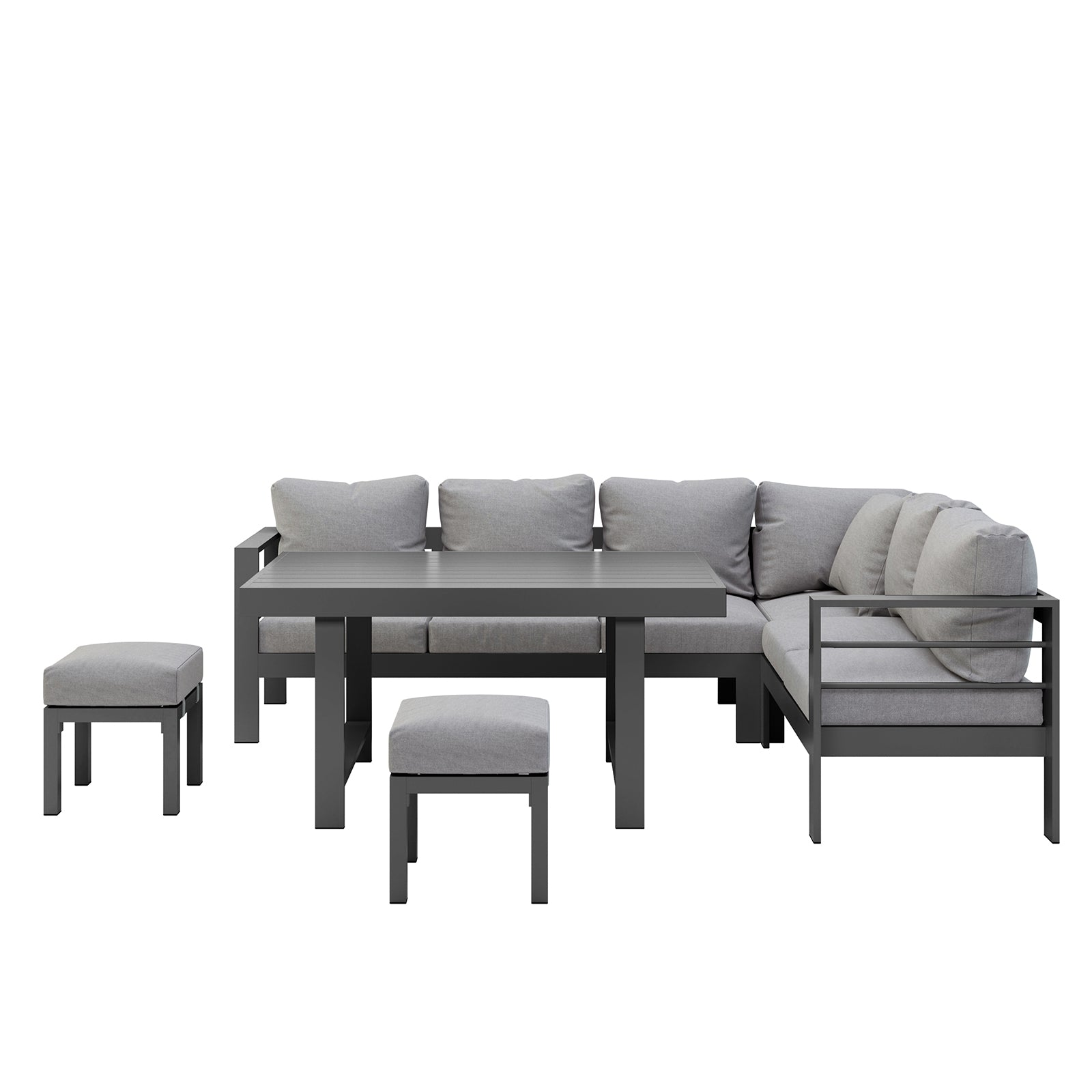 Portland Outdoor Corner Sofa Lounge with Footstools Grey, featuring a close-up of the plush, thickly cushioned seat and armrest set on a sleek grey frame, emphasizing its comfort and modern design.