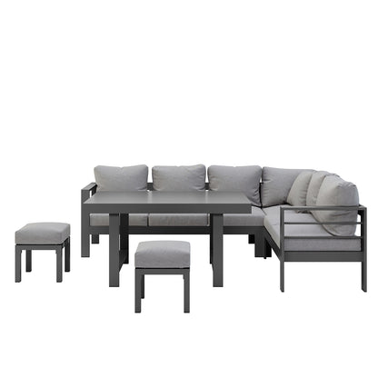 Portland Outdoor Corner Sofa Lounge with Footstools Grey, featuring a close-up of the plush, thickly cushioned seat and armrest set on a sleek grey frame, emphasizing its comfort and modern design.