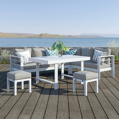 Close-up of the Portland Outdoor Corner Sofa Lounge with Footstools, showcasing the plush 10cm seat cushions on a robust powder-coated aluminum frame, ideal for stylish outdoor relaxation.