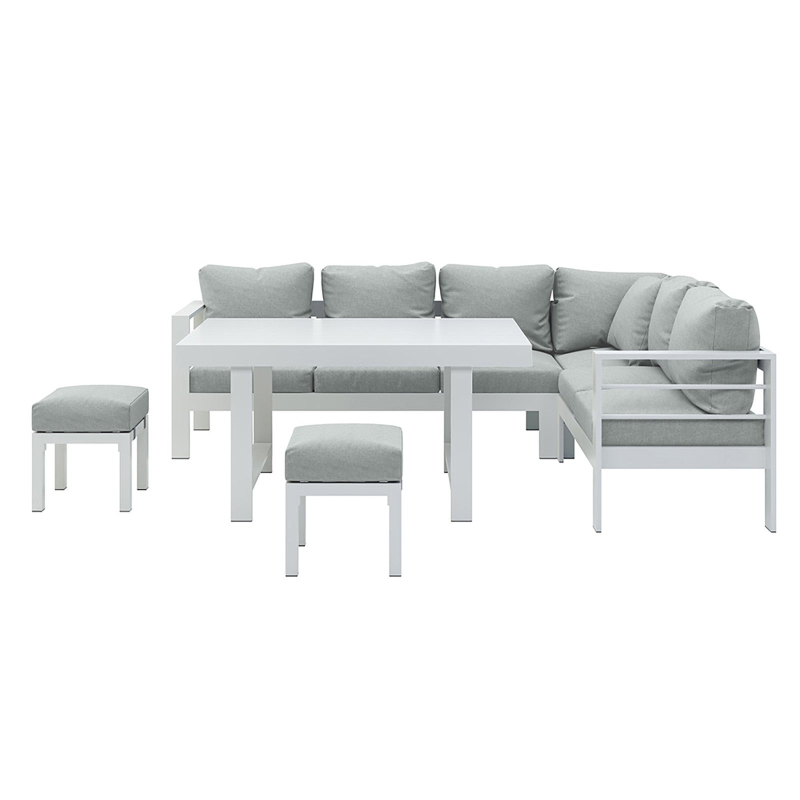 Portland Outdoor Corner Sofa Lounge with Footstools features a modern design with thick cushions on a durable, rust-resistant frame, accompanied by a matching coffee table, ideal for stylish outdoor relaxation.