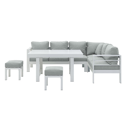 Portland Outdoor Corner Sofa Lounge with Footstools features a modern design with thick cushions on a durable, rust-resistant frame, accompanied by a matching coffee table, ideal for stylish outdoor relaxation.