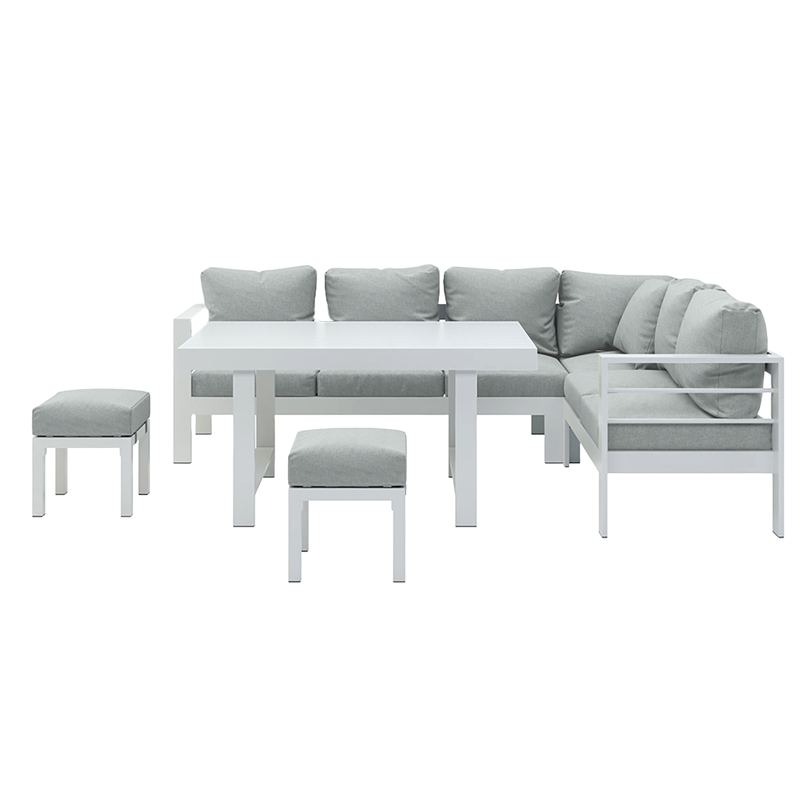 Portland Outdoor Corner Sofa Lounge with Footstools features a sleek, modern design, showcasing plush cushions on a durable powder-coated aluminium frame, ideal for stylish outdoor relaxation and entertainment.