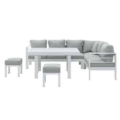 Portland Outdoor Corner Sofa Lounge with Footstools features a sleek, modern design, showcasing plush cushions on a durable powder-coated aluminium frame, ideal for stylish outdoor relaxation and entertainment.