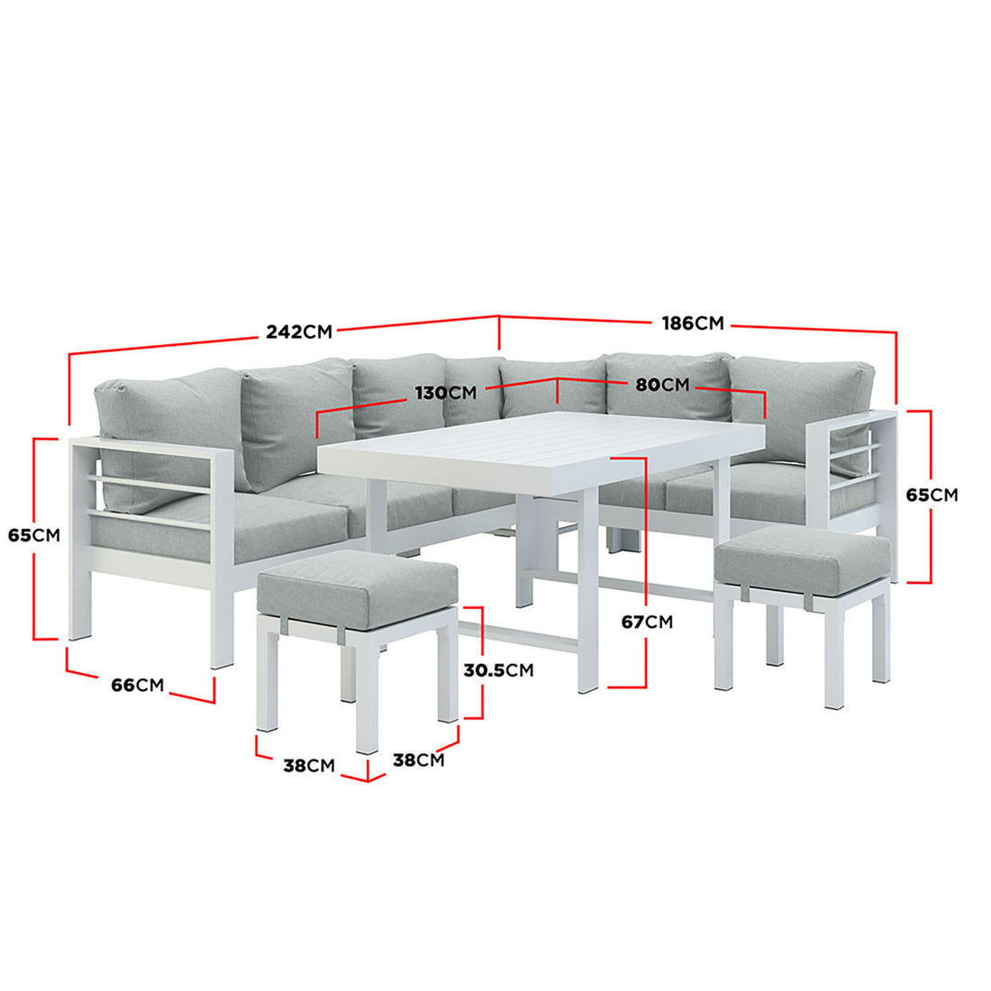 Portland Outdoor Corner Sofa Lounge with Footstools featuring close-up views of a cushioned chair, pillow, and a white stool with a grey cushion, showcasing its design and comfort.