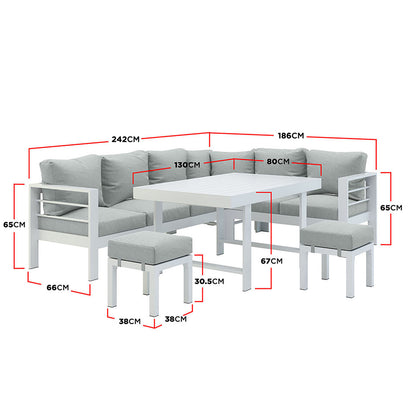 Portland Outdoor Corner Sofa Lounge with Footstools featuring close-up views of a cushioned chair, pillow, and a white stool with a grey cushion, showcasing its design and comfort.