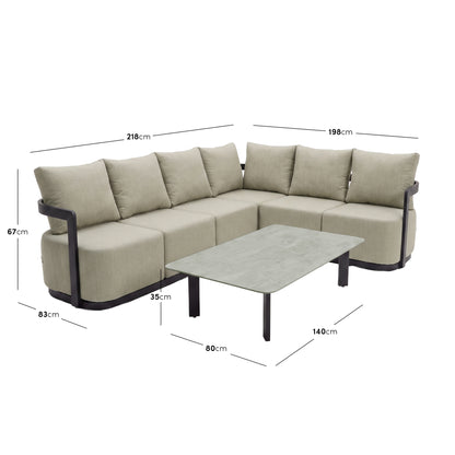 Full sectional sofa and coffee table with dimensions shown on a white background