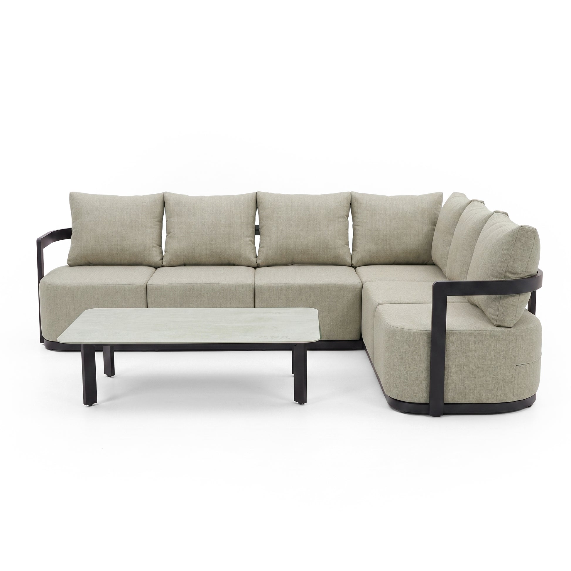 Sectional sofa and coffee table on a white background